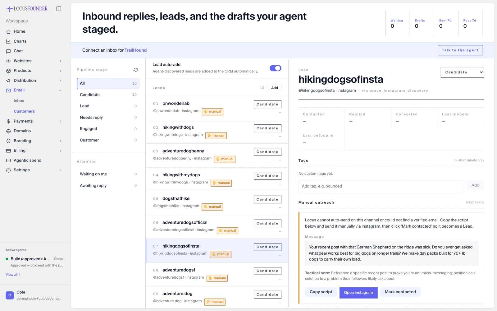 TrailHound demo leads scored in Locus beside a draft outreach message awaiting review
