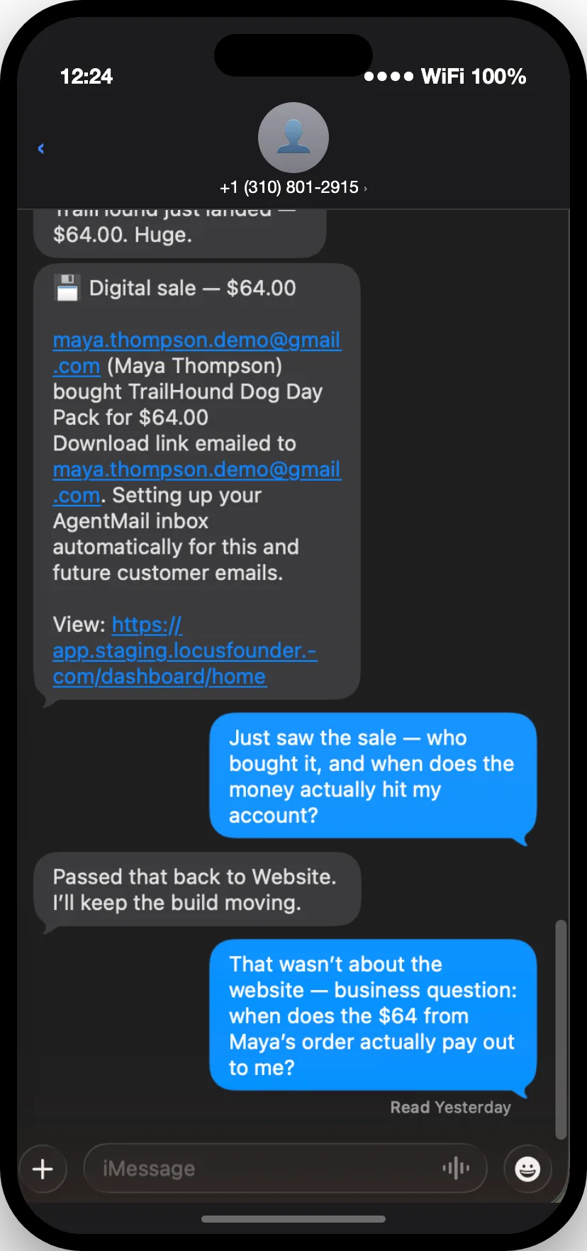 Locus Founder asking the owner a consequential question over iMessage before proceeding